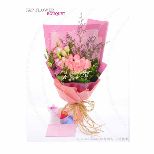 花束-花束，18枝粉紅玫瑰 + 桔梗 + 美女英 + 腊梅 + 巴西葉-BO282