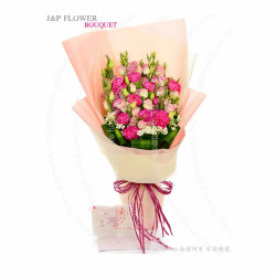 18枝桃紅康乃馨 + 桔梗 + 美女英