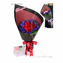 18枝熱戀紅玫瑰 X 勿忘我花束 - 「非預製承諾：24 小時客製化浪漫動態傳送」！