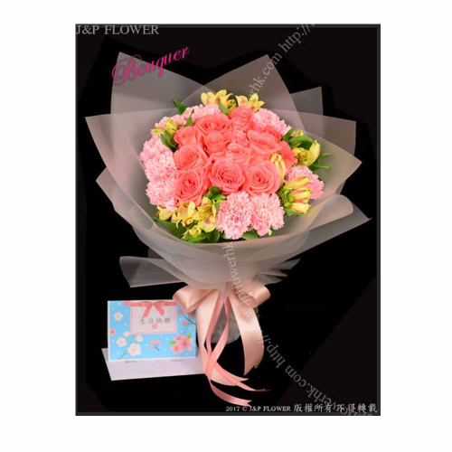18枝康乃馨+18枝玫瑰+小百合花束