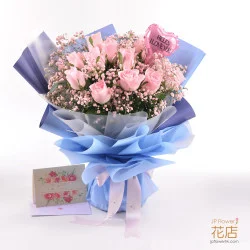 18枝玫瑰＋滿天星花束 + 印字氣球（100色玫瑰任選） — 客製化浪漫禮遇