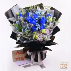 「藍色狂想曲」9枝藍玫瑰剌芹花束｜配客製化氣球