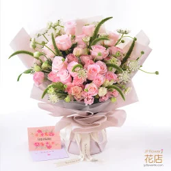 「純白之諾」玫瑰桔梗訂製花束｜配客製化印字氣球