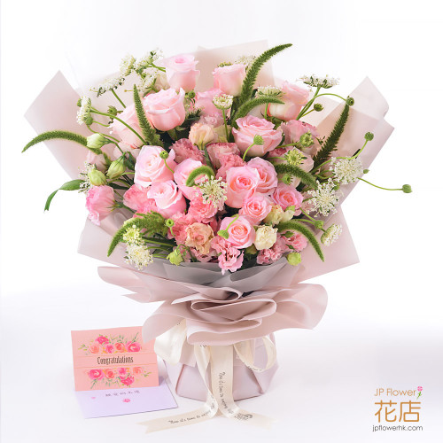 黃金比例花束|客製化花店|香港新鮮訂製 一束為生日或週年紀念新鮮訂製的優雅花束,包含玫瑰、桔梗和白菲香花,配上客製化印字氣球