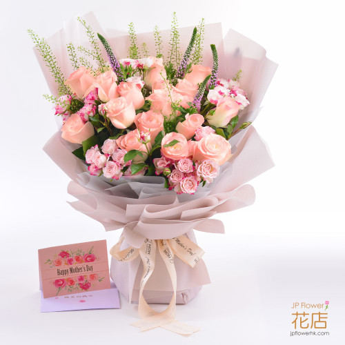 雲端戀曲|訂製化花束|香港新鮮訂製花店 一束為生日或週年紀念新鮮訂製的花束,包含玫瑰、鳳尾和BB草,旁邊有一個客製化氣球