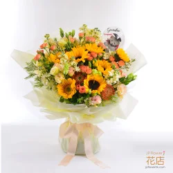 向日葵 X 洋桔梗 X 小玫瑰花束 (配客製化公仔印字氣球) - 畢業/生日的專屬祝福！