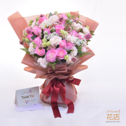 18枝粉色玫瑰與桔梗花束 - 浪漫粉紅心動
