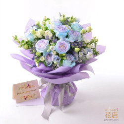 18-stem rose bouquet — J&P Florist's exclusive pink, purple, and blue angel roses (round packaging design)