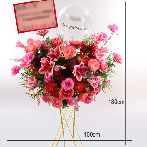 百花盛宴|客製化開幕花籃|JP花店 一座為公司開幕設計的頂級客製化花籃,包含牡丹、向日葵、百合等多種花材,可加印A3公司LOGO