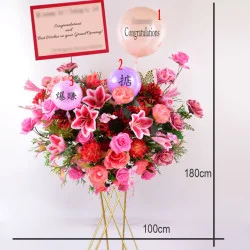 花籃 — 玫瑰＋大牡丹＋大麗花＋鹿角葵＋向日葵＋紅百合（附客製化印字氣球）