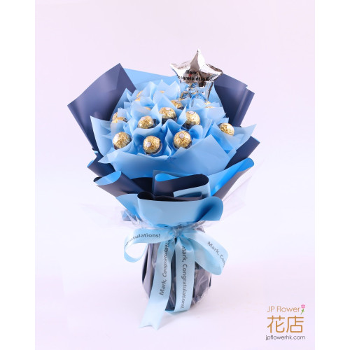 A bouquet of 12 Ferrero Rocher chocolates and everlasting silk roses, wrapped in stylish paper with a ribbon, suitable for birthdays and romantic gestures.