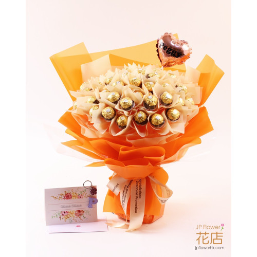 A bouquet of 12 Ferrero Rocher chocolates and everlasting silk roses, wrapped in stylish paper with a ribbon, suitable for birthdays and romantic gestures.