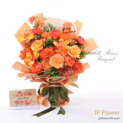 橙黃色蕙蘭・玫瑰仿真花絲花花束（含客製化印字氣球）— JP 花店暖陽客製款