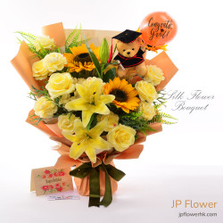 向日葵 + 牡丹 + 玫瑰 仿真花絲花花束（含客製化印字畢業熊公仔與氣球）