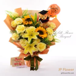 向日葵 + 牡丹 + 玫瑰 仿真花絲花花束（含客製化印字畢業熊公仔與氣球）