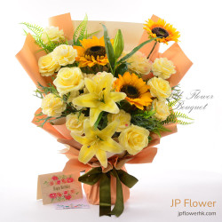 向日葵 + 牡丹 + 玫瑰 仿真花絲花花束（含客製化印字畢業熊公仔與氣球）