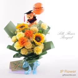 向日葵＋牡丹＋玫瑰花束 — 仿真花/絲花（可選配畢業熊與客製化印字氣球）