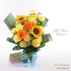 向日葵牡丹玫瑰仿真花束，畢業熊與客製化印字氣球組合