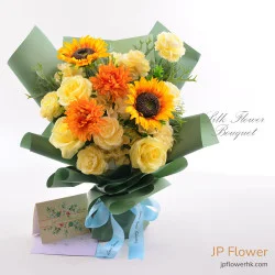 向日葵＋牡丹＋玫瑰花束 — 仿真花/絲花（可選配畢業熊與客製化印字氣球）