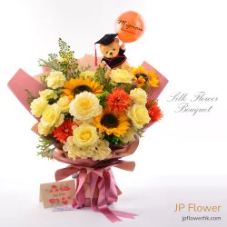 向日葵＋牡丹＋繡球花仿真絲花花束（含客製化印字氣球）— JP 花店畢業祝福限定