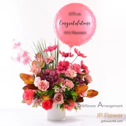 "Grand Vision" Cosmos X Roses X Hydrangea X Peony Luxury Table Flower Basket - Custom Balloon Set for Grand Opening/Office Relocation