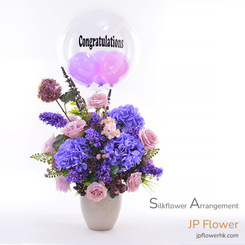 繡球玫瑰花籃枱花配氣球